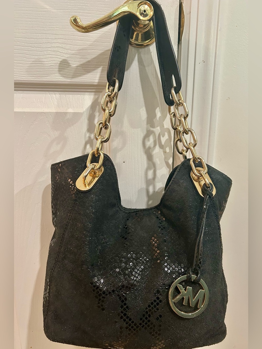 Michael Kors Black Suede Shoulder Bag with Gold Chain Handles